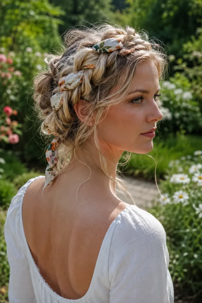 Light blonde crown braid intertwined with a floral bandana, worn by a real English woman in a sunlit garden setting.
