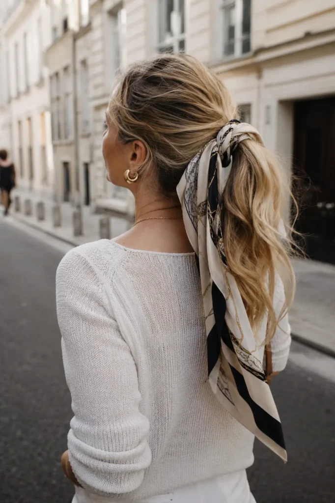 Golden blonde ponytail tied with a flowing patterned bandana scarf, photographed from behind on a sunlit city street. The realistic English woman has natural-looking hair texture and skin, with the ponytail and scarf as the focal point in a bright outdoor DSLR-style portrait.
