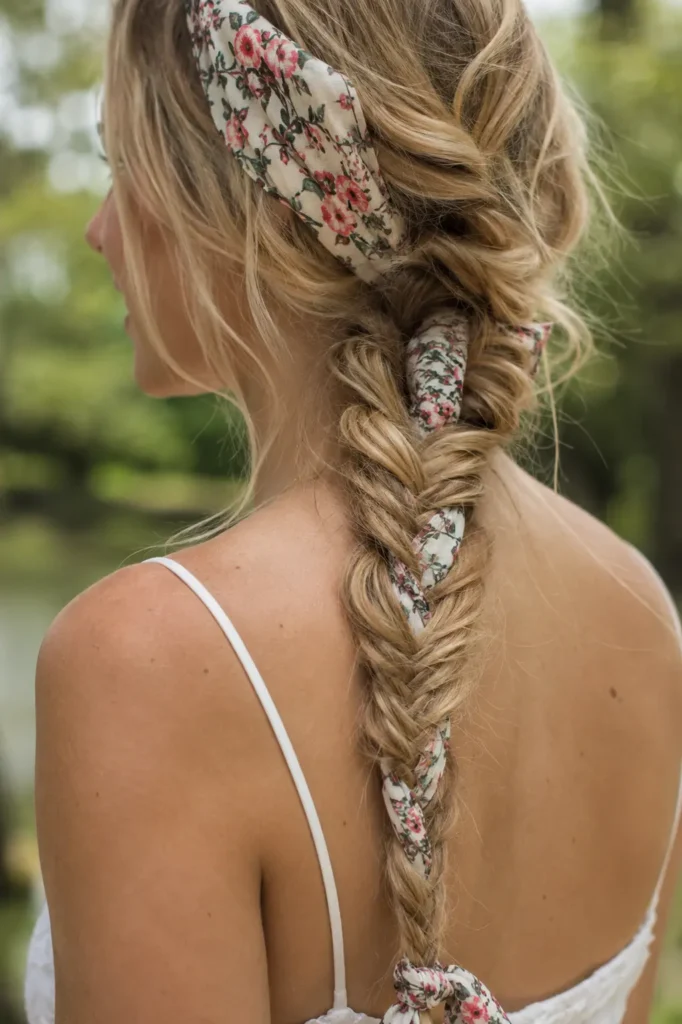 English woman with light golden blonde hair styled in a detailed fishtail braid woven with a floral bandana, photographed outdoors in natural daylight.