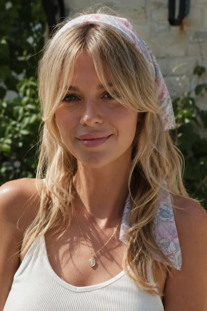woman with beige blonde hair styled in soft waves and curtain bangs, wearing a pastel-patterned bandana tied around her head. She stands outdoors in warm summer daylight, smiling naturally at the camera