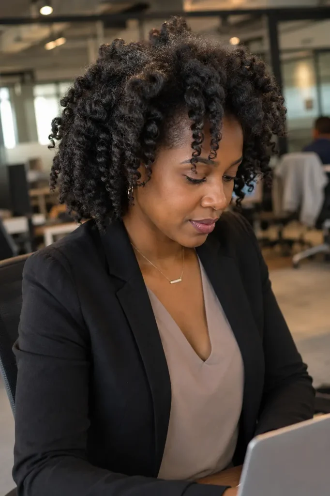 everyday Black woman with a Bantu knot-out hairstyle featuring defined stretched curls and natural Type 4 texture, seated in a professional office setting. The hairstyle is full of volume and shine, with soft natural lighting highlighting the curl definition