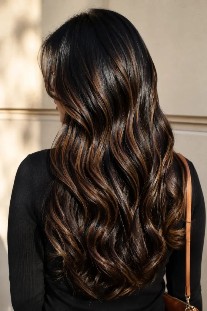English woman with long, glossy black hair featuring luxurious bronze brown highlights, shown from the back in bright natural daylight against a neutral beige background, with silky waves and the hairstyle filling most of the vertical portrait.