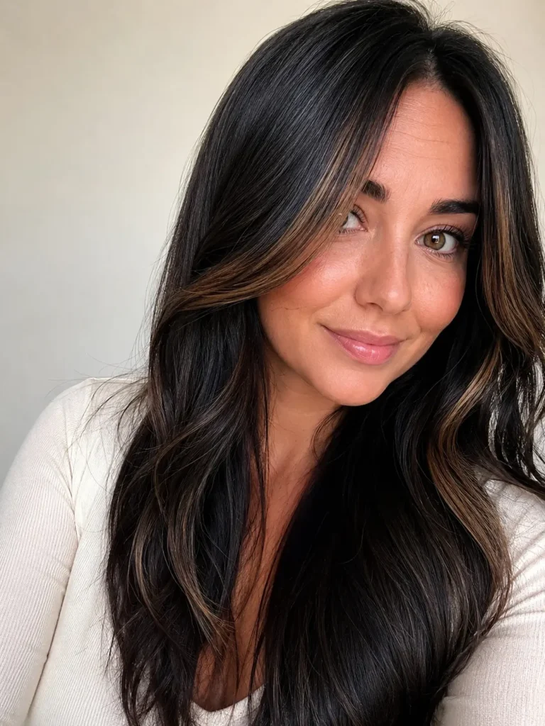 old English woman with long, silky black hair featuring soft brown money piece highlights t
