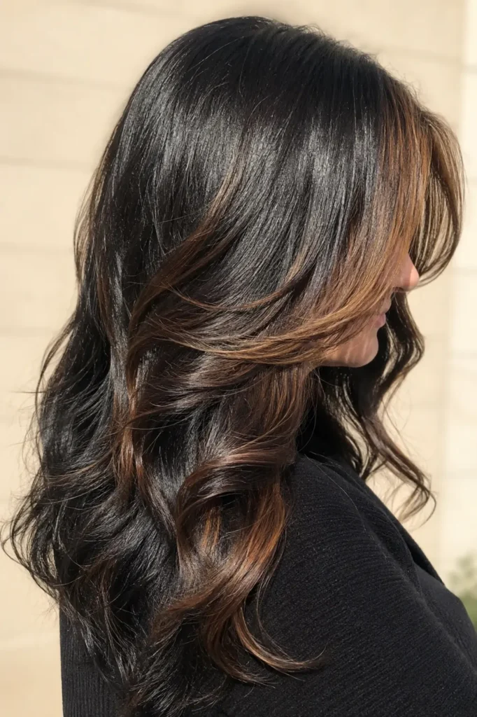 English woman with glossy black hair and warm cinnamon brown face-framing highlights, photographed from a side-back angle in bright natural daylight against a neutral beige background