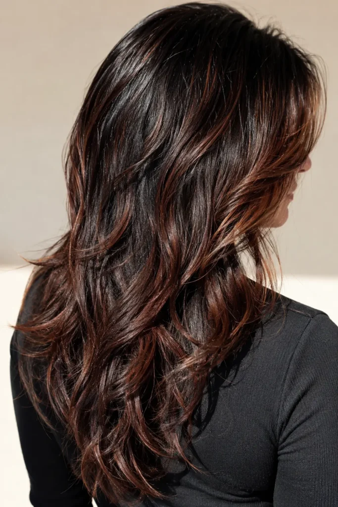 an English woman with long black hair featuring deep dark auburn brown highlights, shown mostly from the back with a soft side profile. Her glossy, healthy hair shines in bright natural daylight against a cream-colored background, with the hairstyle filling nearly the entire frame.