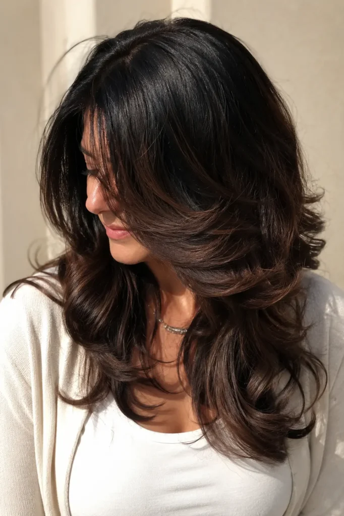 woman aged 30–50 with silky black hair blended into dark chocolate brown balayage, shown in a front and partial side profile with minimal facial visibility.