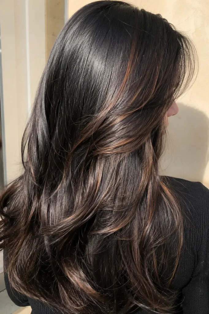 **Alt text:** Real English woman with rich black hair and chestnut brown ribbon highlights, shown mostly from the back with a slight side profile, featuring glossy, silky hair in bright natural daylight against a soft neutral background.
