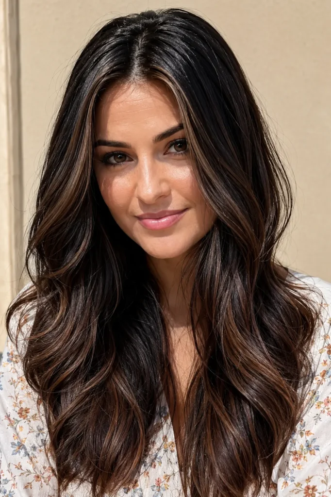 woman with long, glossy black hair enhanced by rich pecan brown highlights. She faces the camera with a natural smile,