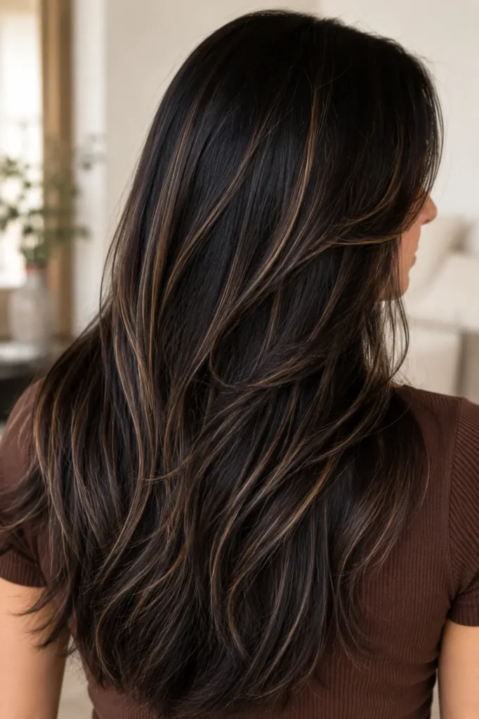 a real English woman aged 28–48 with glossy black hair enhanced by delicate sandy brown babylights, shown mainly from the back with a subtle side profile and minimal facial visibility. Bright natural daylight highlights the silky, healthy strands against a soft cream background, with the hairstyle filling most of the frame.