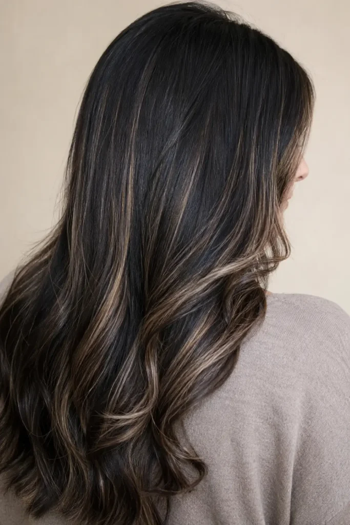 woman aged 28–48 shown mostly from the back with a slight side profile, featuring long black hair enhanced with soft beige brown highlights