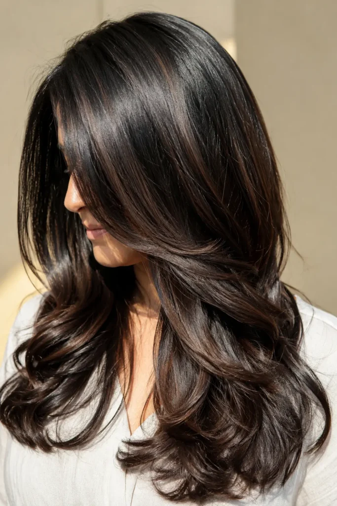 oman aged 30–50 with silky black hair enhanced by soft brown ribbon highlights, shown from the front with an angled side profile and minimal facial visibility.