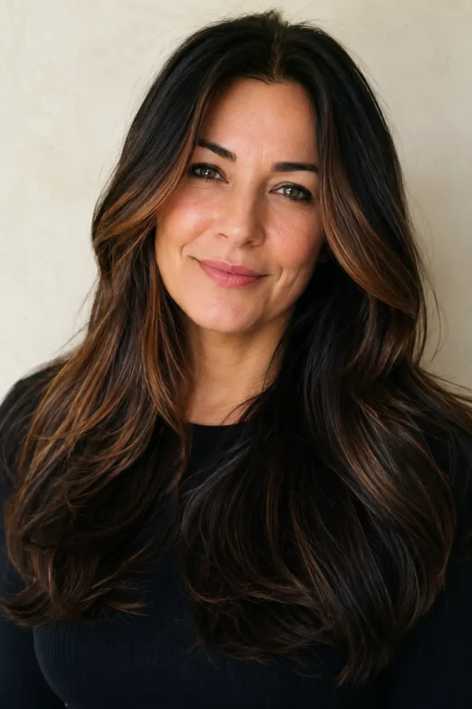 woman with glossy black hair enhanced by warm toasted brown highlights, shown facing the camera with a natural expression. Her silky, healthy hair cascades in soft layers under bright natural lighting against a neutral beige background