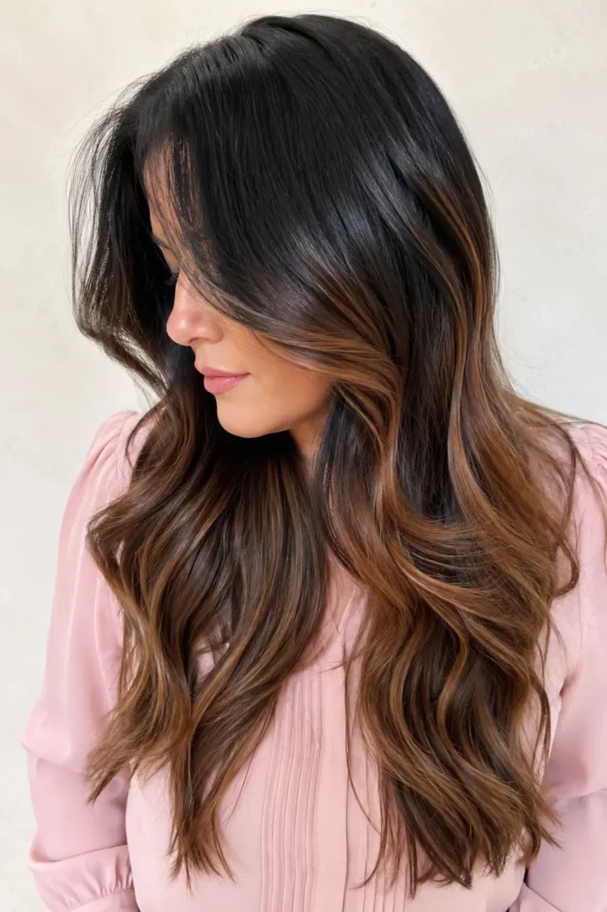 **Alt text:** Real English woman with glossy black hair blended into rich toffee brown balayage, styled in soft loose waves, wearing a light pink blouse against a soft cream background in bright natural daylight.

