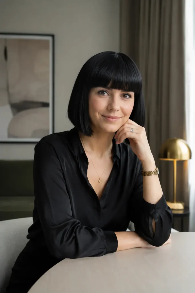 woman aged 25–45 with a sleek blunt bob haircut and straight bangs, featuring glossy jet-black hair. She is wearing an elegant black blouse and seated in a modern indoor setting