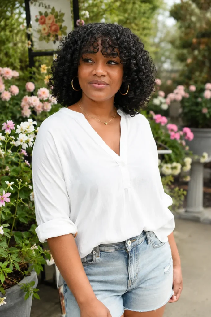 Black woman with a curly bob haircut and defined curly bangs standing in a colorful floral garden. Her natural curls frame her face, highlighting the hairstyle. She wears a casual elegant white blouse and denim shorts, with realistic skin texture and a natural expression