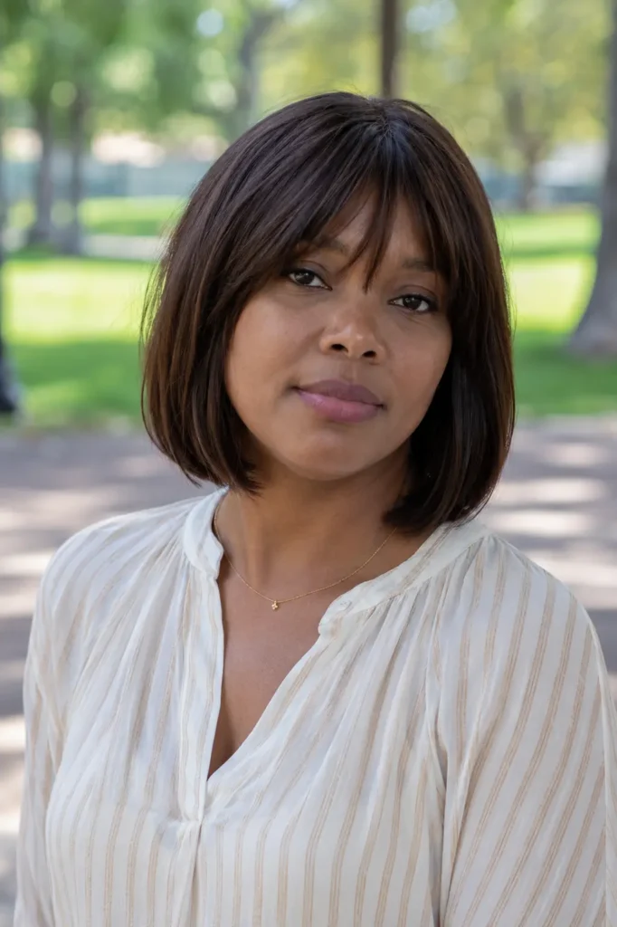 Black woman with a sleek dark brown bob haircut and soft face-framing bangs, wearing a light elegant blouse in an outdoor park setting