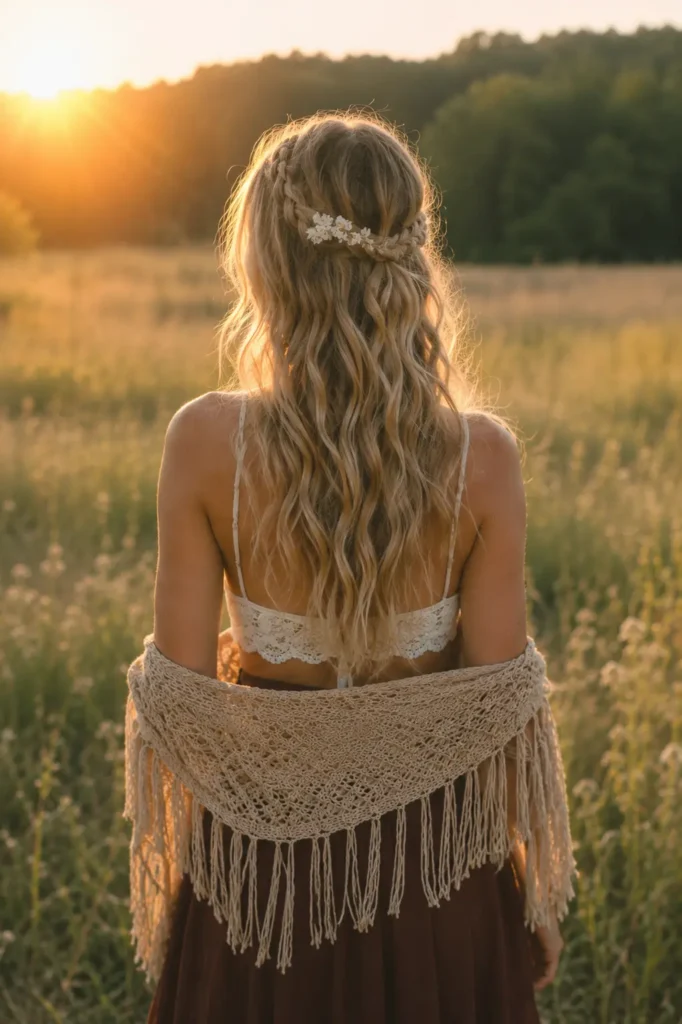 Back view of a real woman with a bohemian braid and loose sandy blonde waves standing in a sunlit meadow at golden hour. She wears a casual boho outfit with a crocheted shawl
