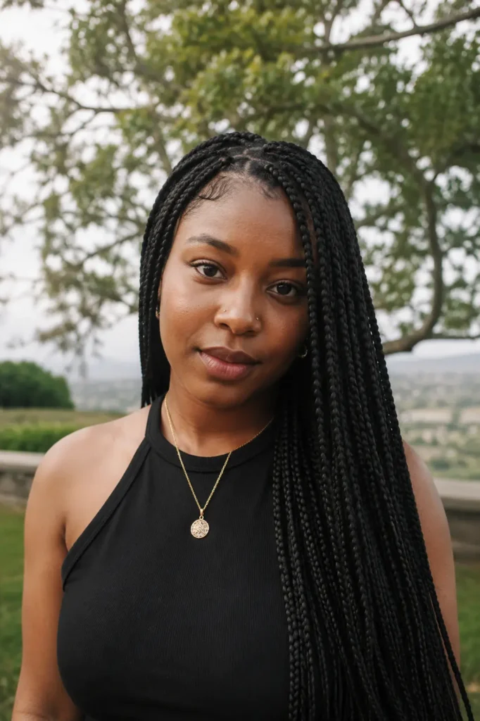 Black woman with long box braids standing outdoors in natural daylight, wearing a sleeveless black top. Her healthy braided hairstyle, natural skin texture