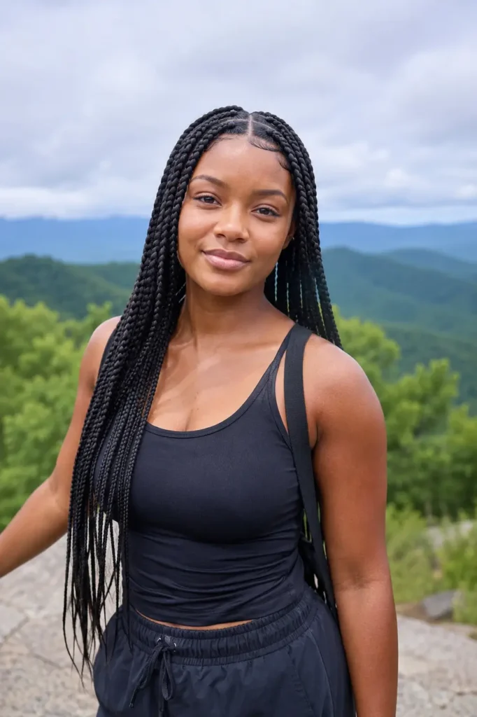 woman with boxer braids and dark brown hair wearing a casual athletic outfit outdoors, showcasing a neatly braided hairstyle with natural skin texture and an authentic appearance in soft daylight.
