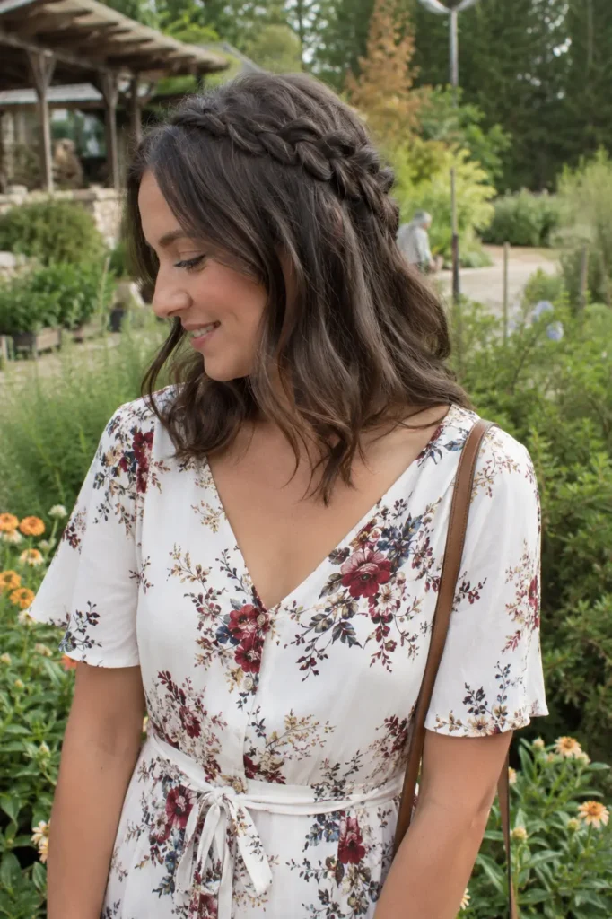 Real woman with medium-length brunette hair styled in soft natural waves and a braided crown accent. The hairstyle is the main focus, showcasing realistic hair texture, healthy shine, and intricate braid detail. She wears a casual feminine floral dress in an outdoor garden setting with lush greenery and flowers. Natural daylight