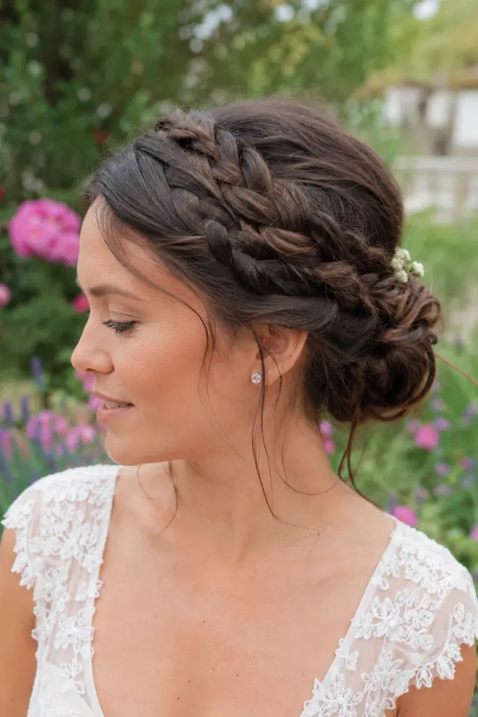 woman aged 25–40 wearing a detailed braided crown hairstyle with natural brunette hair, photographed in a blooming floral garden on a sunny summer day. The hairstyle is the main focus, showcasing intricate braids, texture, and volume.