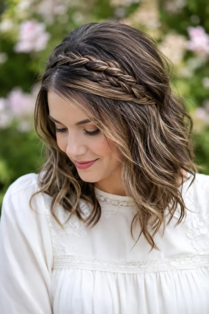 young woman with a shoulder-length wavy hairstyle featuring a braided headband. A small braid is woven across the front hairline, creating a natural headband effect, while soft loose waves and face-framing layers add texture and movement.