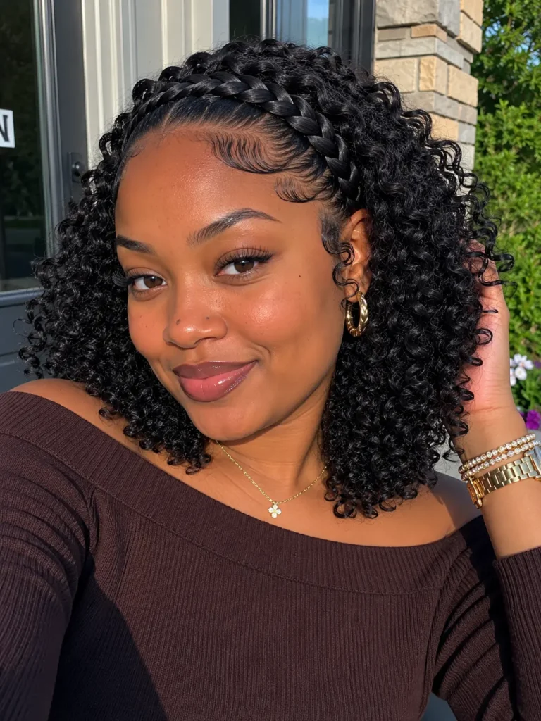 young black women wearing brown shirt styling Braided Headband with Natural Texture hairstyle