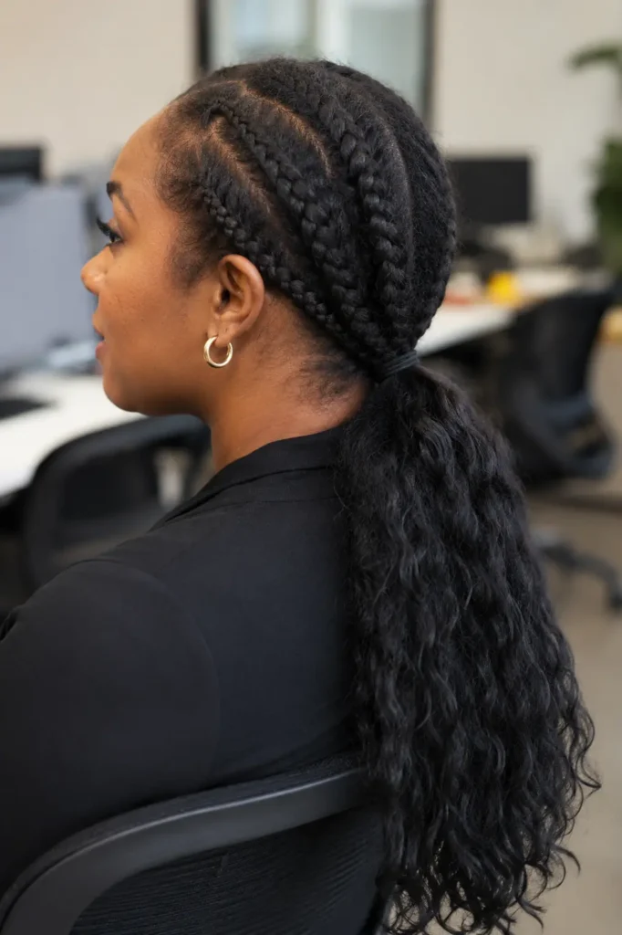 woman in a professional office setting wearing a braided low ponytail hairstyle on natural hair, viewed from the side and back. Detailed scalp braids flow into a low ponytail with realistic texture and natural volume.
