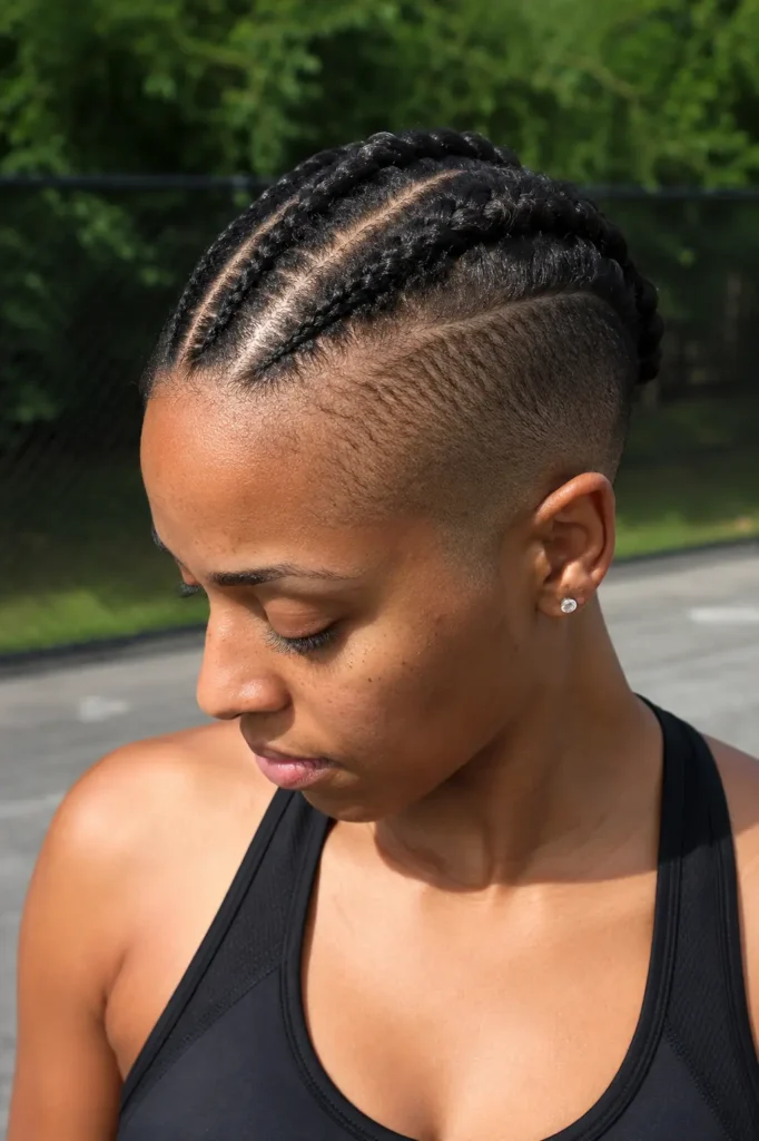 woman with a braided buzz cut hairstyle featuring detailed cornrow braids on top and closely shaved sides, wearing a fitted black athletic tank top outdoors. The portrait highlights natural skin texture