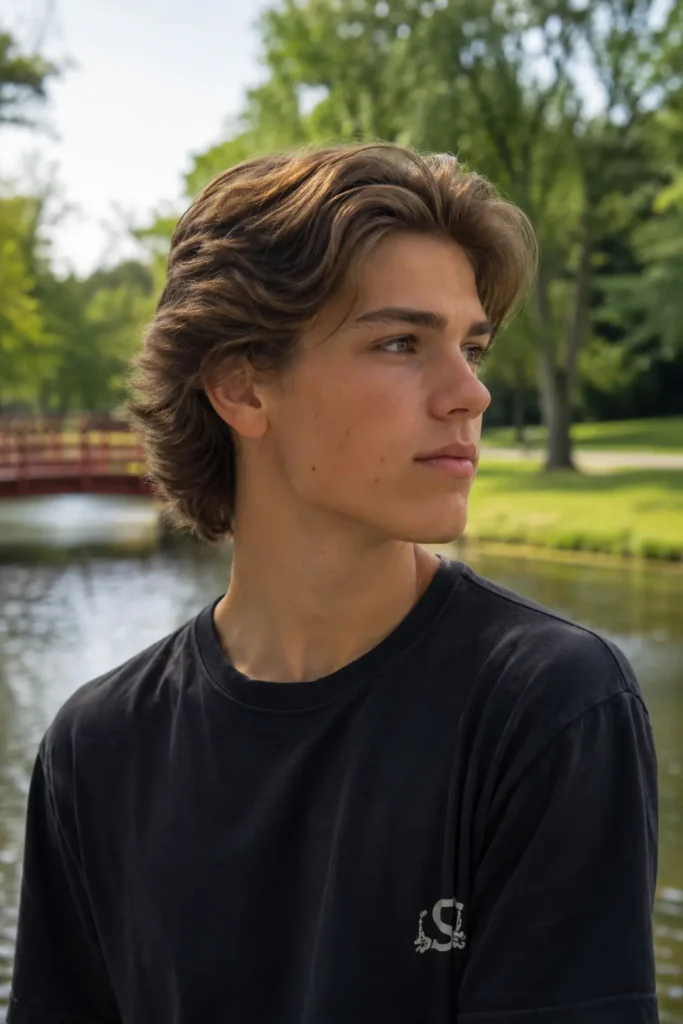**Alt text:** Real teenage boy with a bro flow haircut and medium-length layered hair, standing outdoors in a park near a pond on a sunny day, wearing a black t-shirt and looking to the side with a natural expression.