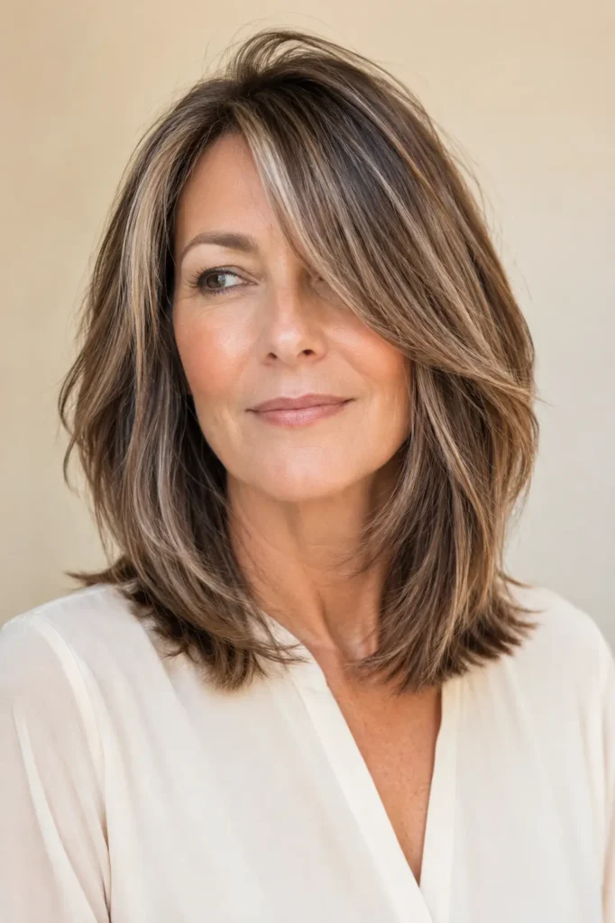 **Alt text:** Brown lob with soft silver dimensional highlights on a real English woman aged 45–60, featuring glossy layered hair, natural sunlight, and an ivory blouse against a cream background.
