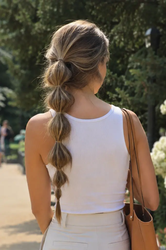 Back view of a real woman aged 20–35 with a long dark blonde bubble braid hairstyle, healthy hair texture, and casual chic outfit, standing in a sunny outdoor park.