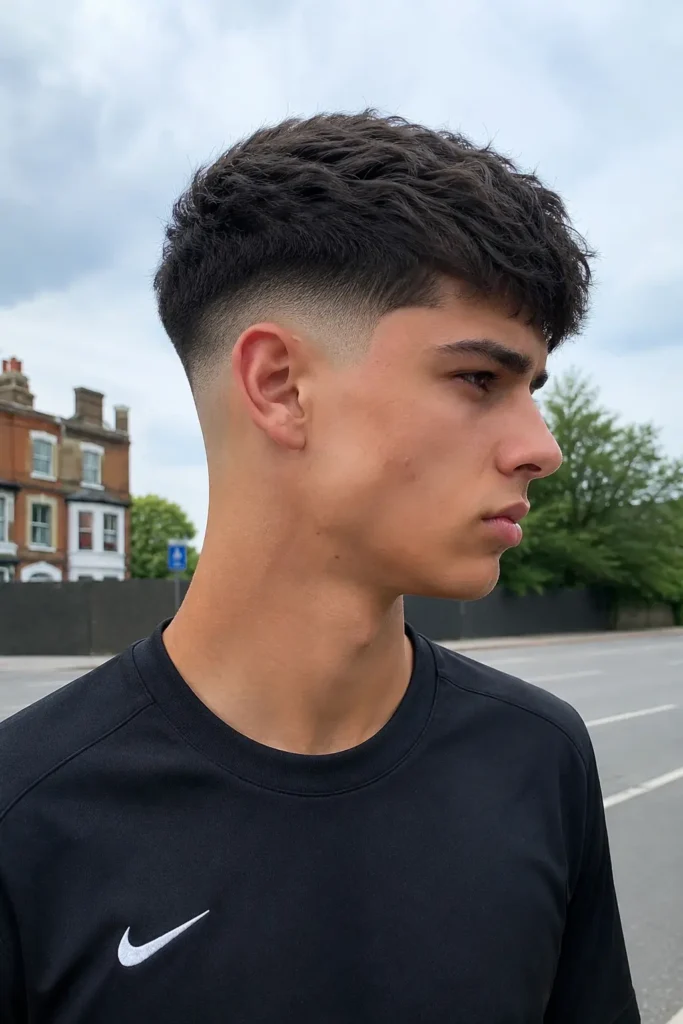 teenage boy with a burst fade haircut featuring a curved fade around the ears and textured hair on top, standing outdoors in an urban setting. He wears casual sportswear