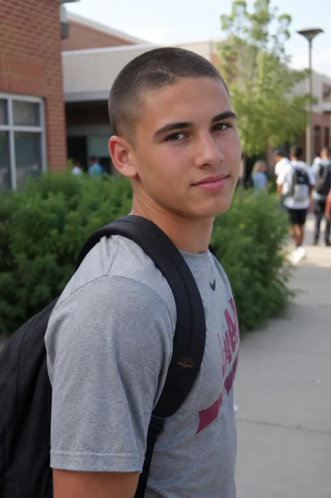 teenage boy with a buzz cut haircut standing on an outdoor school campus in natural daylight. He has authentic facial features, natural skin texture, and wears a casual gray sports shirt with a backpack.