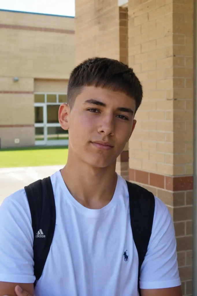 teenage boy with a Caesar haircut featuring a short fringe and neatly trimmed sides, standing outdoors on a school campus in natural daylight. He wears a casual white T-shirt and backpack, with authentic facial features, natural skin texture, and healthy hair