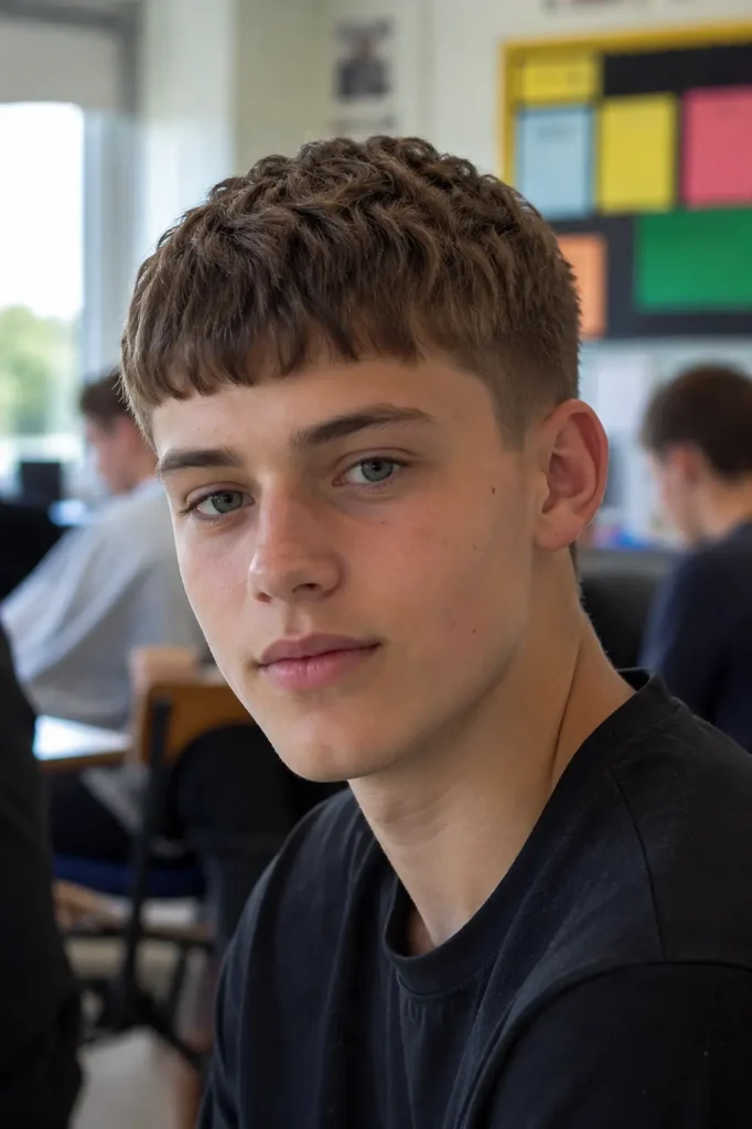teenage boy with a Caesar haircut featuring a short fringe and neatly trimmed sides, wearing a black t-shirt in a school classroom setting with natural daylight and a blurred background.