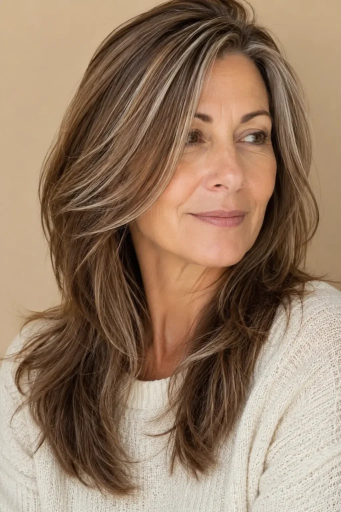 **Alt text:** A woman with caramel brown hair featuring delicate silver highlights wears a cream knit sweater, showcasing shiny, silky, dimensional hair against a neutral beige background.
