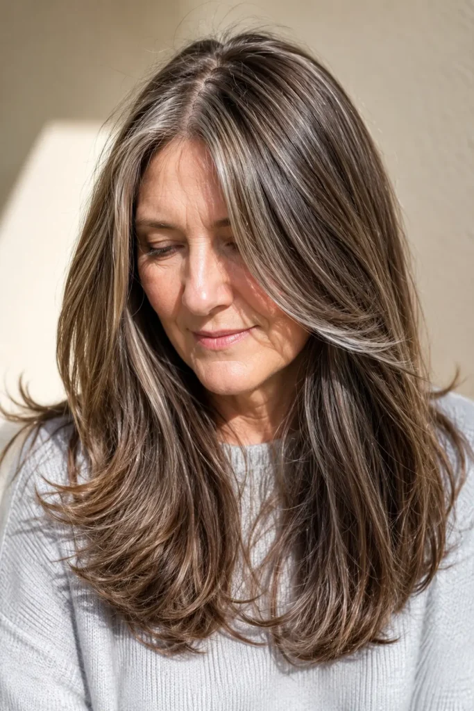**Alt text:** Real English woman aged 45–60 with chestnut brown hair featuring fine silver babylights, styled in glossy, silky layers, wearing a light gray sweater against a cream-colored background in bright natural daylight.
