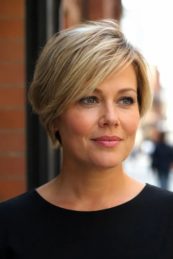 English woman with a round face and a chin-grazing pixie bob haircut, featuring soft face-framing layers and healthy blonde hair with natural shine.