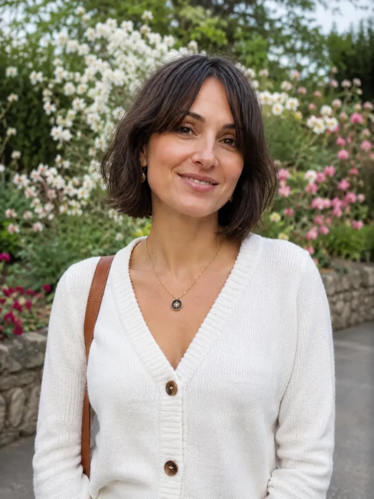 woman aged 28–45 with a chin-length dark brown bob haircut and soft curtain bangs, smiling outdoors in a floral garden. Upper-body portrait featuring realistic skin texture, an elegant casual cream outfit, and a sharply focused hairstyle