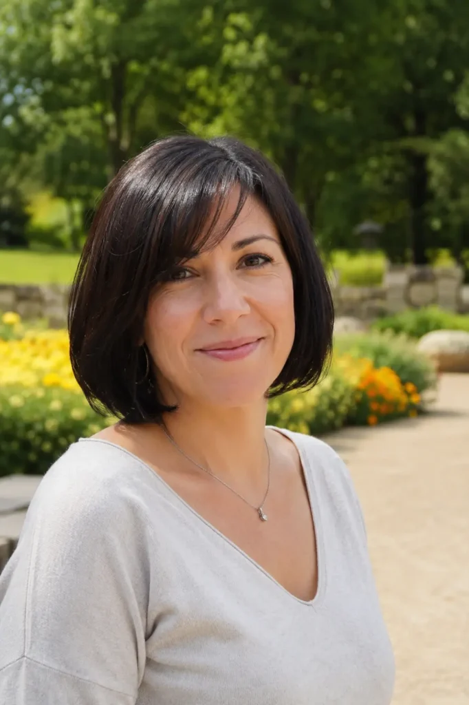 woman aged 28–48 with a chin-length bob haircut and side-swept bangs, smooth dark brunette hair, and natural skin texture, wearing a casual elegant light-colored top. She is photographed outdoors in a sunlit park with a softly blurred garden background