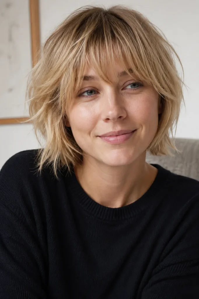Portrait of a real English woman in her late 20s to mid-30s with a chin-length choppy layered haircut in natural beige blonde. The textured layers frame her face with soft movement and visible separation, making the hairstyle the focal point of the image