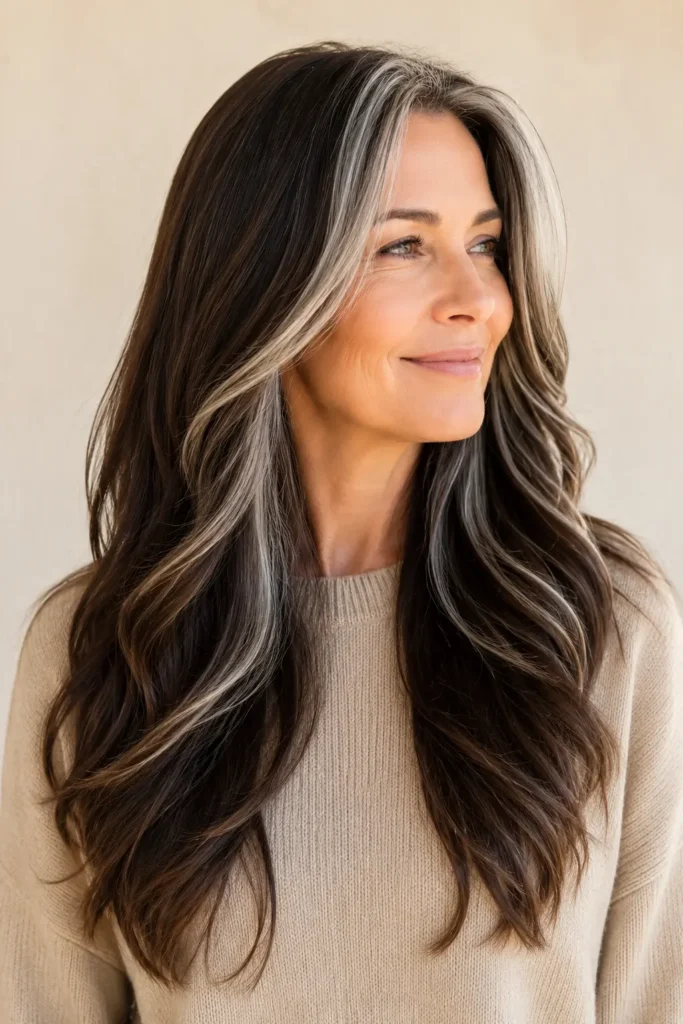 **Alt text:** Long chocolate brown hair with soft silver face-framing highlights, styled in loose glossy waves, paired with a modest beige knit sweater.
