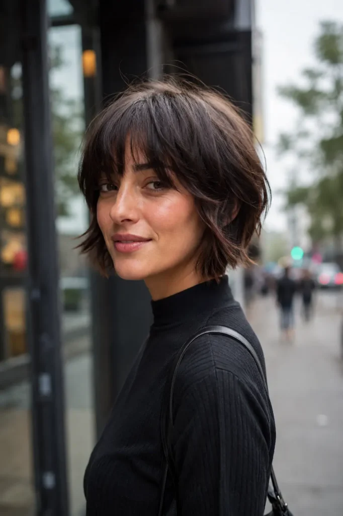 woman with a choppy bob haircut and textured bangs standing on a city street. Her dark brunette hair is styled with tousled layers that add movement and volume. She wears a trendy black casual outfit and looks confidently toward the camera