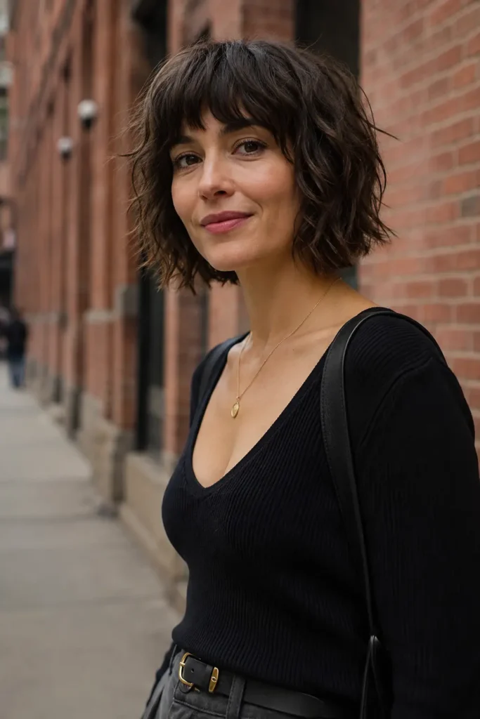 woman aged 25–40 with a choppy bob haircut and textured fringe, dark brunette hair, and natural skin texture, standing on an urban city street