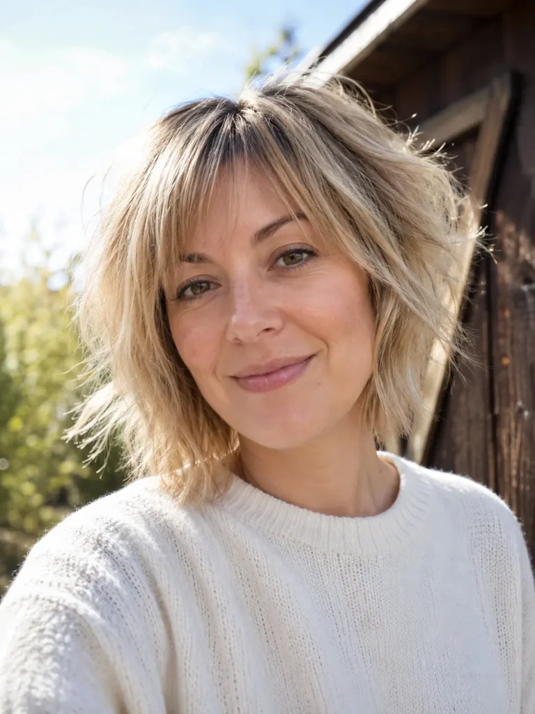English woman aged 25–40 with a choppy layered haircut designed for fine hair, featuring soft beige blonde tones and airy texture. She stands outdoors in bright natural sunlight, wearing a cream knit sweater. The hairstyle is the focal point