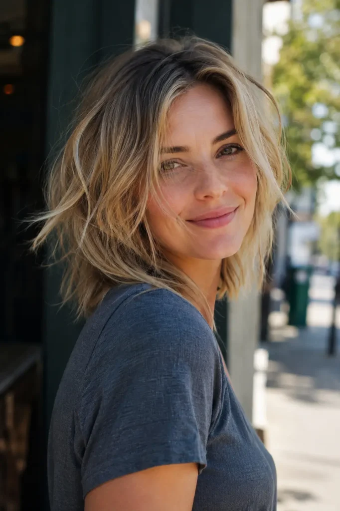 **Alt text:** Real English woman with an airy textured choppy layered haircut in cool beige blonde, photographed in bright natural sunlight with realistic skin texture and soft hair movement in a vertical DSLR portrait.
