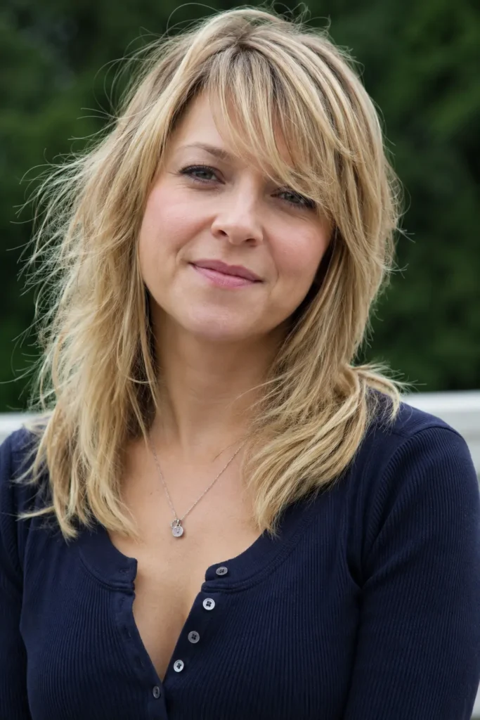Close-up portrait of a woman with choppy blonde layers and soft side bangs in natural outdoor light.
