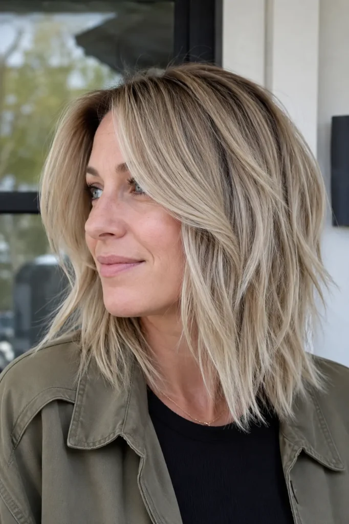 woman aged around 27–40 with a textured choppy layered lob haircut in cool beige blonde tones, photographed in soft natural daylight. The hairstyle is the main focus, showcasing detailed feathered layers, textured ends, and healthy