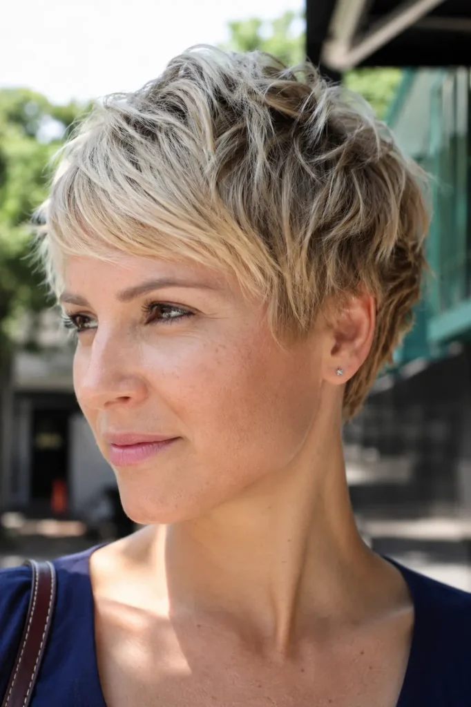 Close-up vertical portrait of a real English woman aged around 26–42 with a choppy layered pixie haircut in soft light blonde tones. The textured short hairstyle is the main focus, featuring detailed layers, natural volume, subtle flyaways